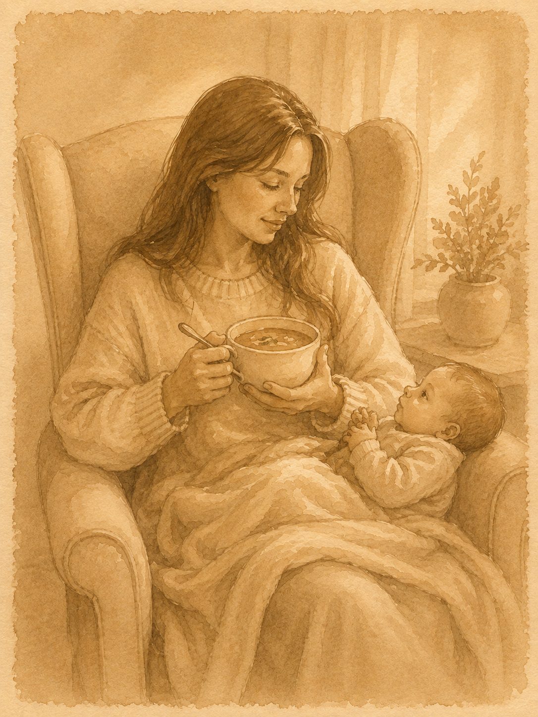 Watercolour illustration of a mother relaxing with tea while feeding her baby
