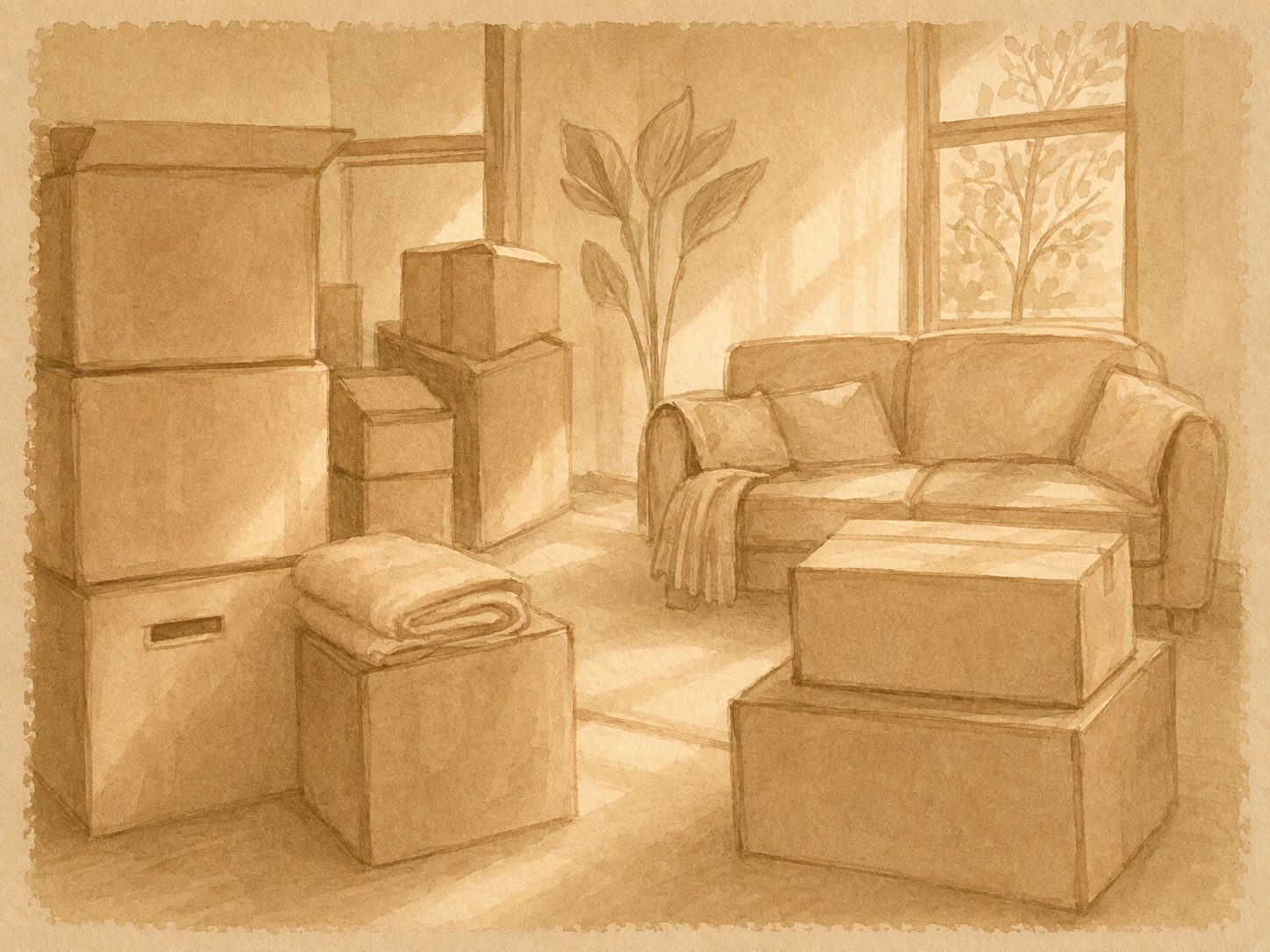 Watercolour illustration of a living room being reorganised with packed boxes