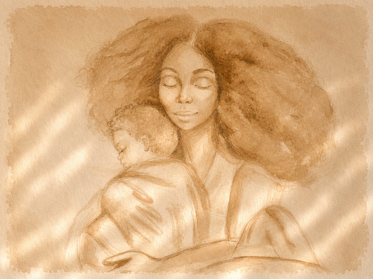 Watercolour illustration of a mother cradling her sleeping newborn