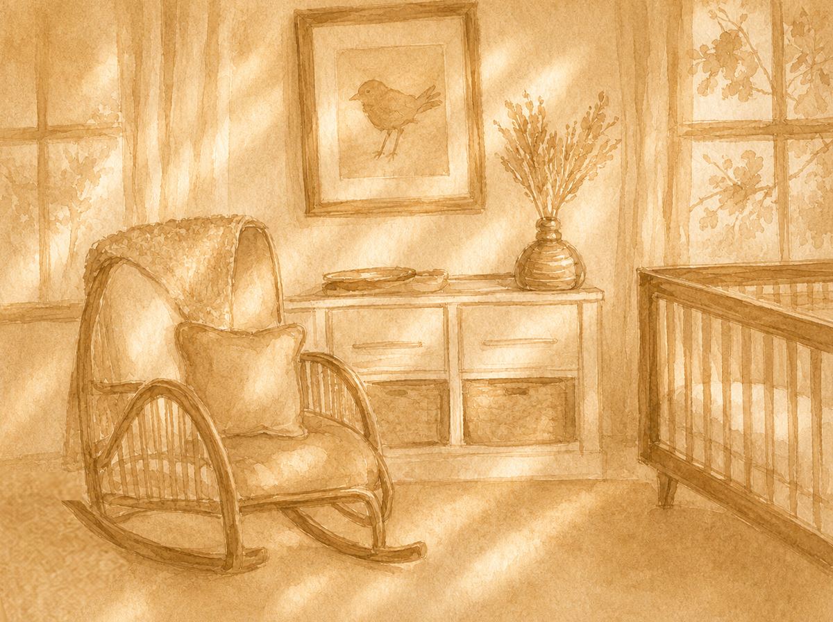 Watercolour illustration of a prepared nursery with a rocking chair and crib