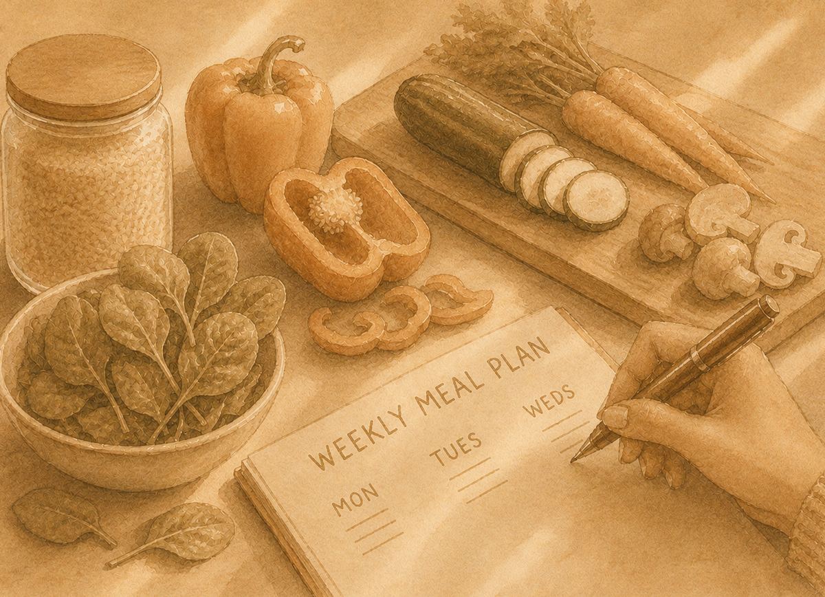 Watercolour illustration of a weekly meal plan being written beside fresh vegetables