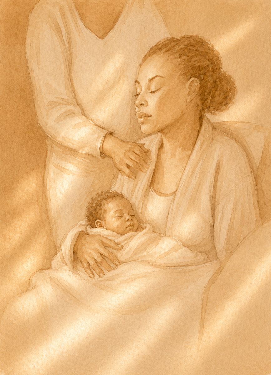 Watercolour illustration of a carer supporting a mother holding her newborn
