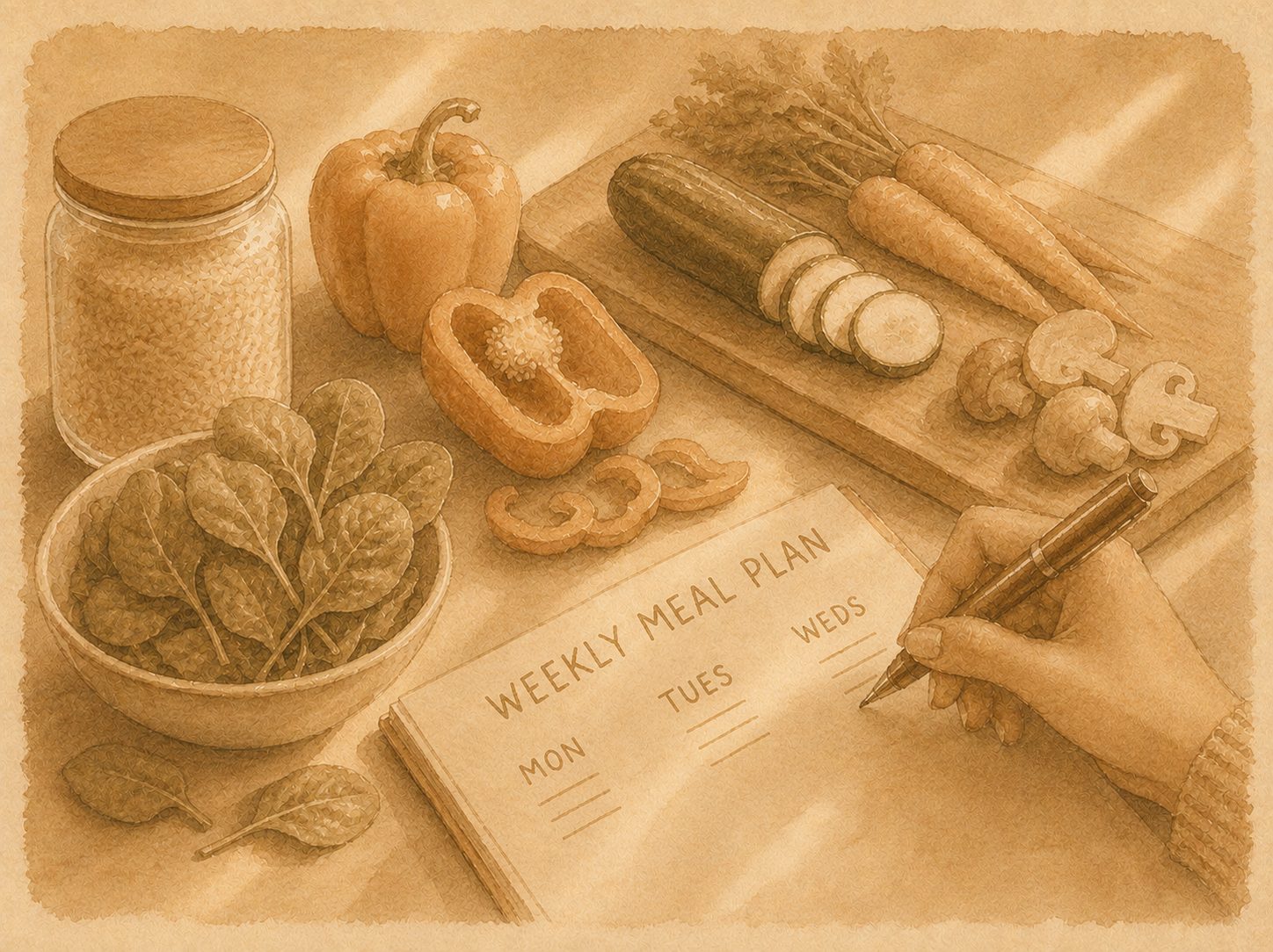 Watercolour illustration of a weekly meal plan being written beside fresh vegetables