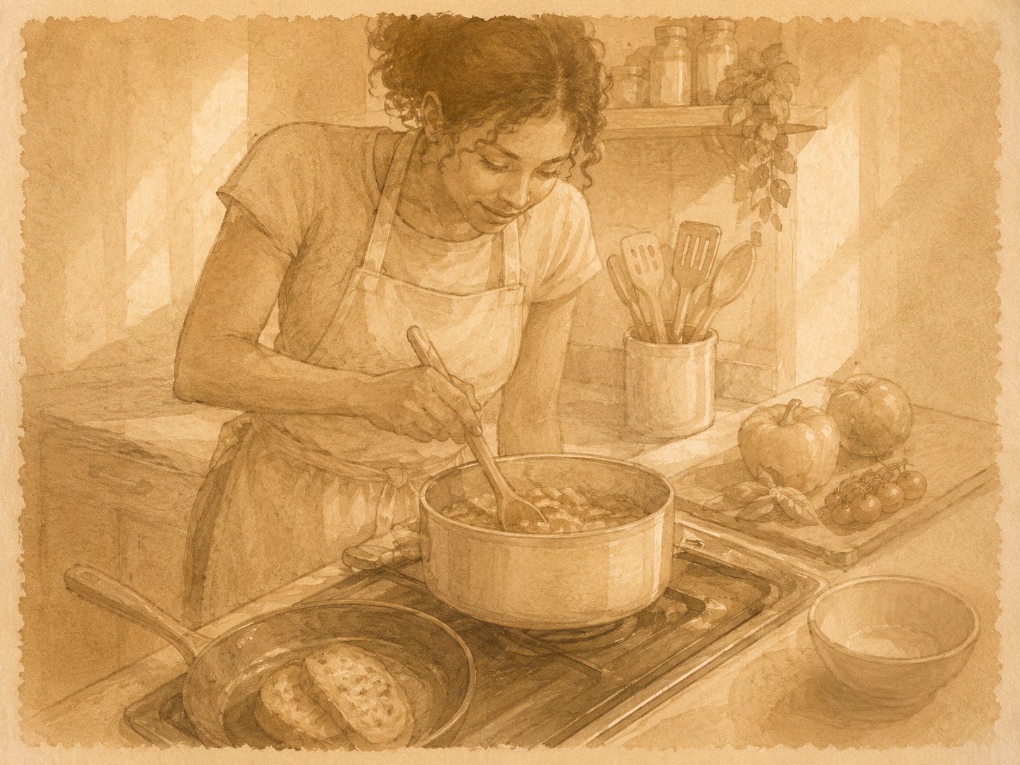 Watercolour illustration of a cook preparing a meal at the stove