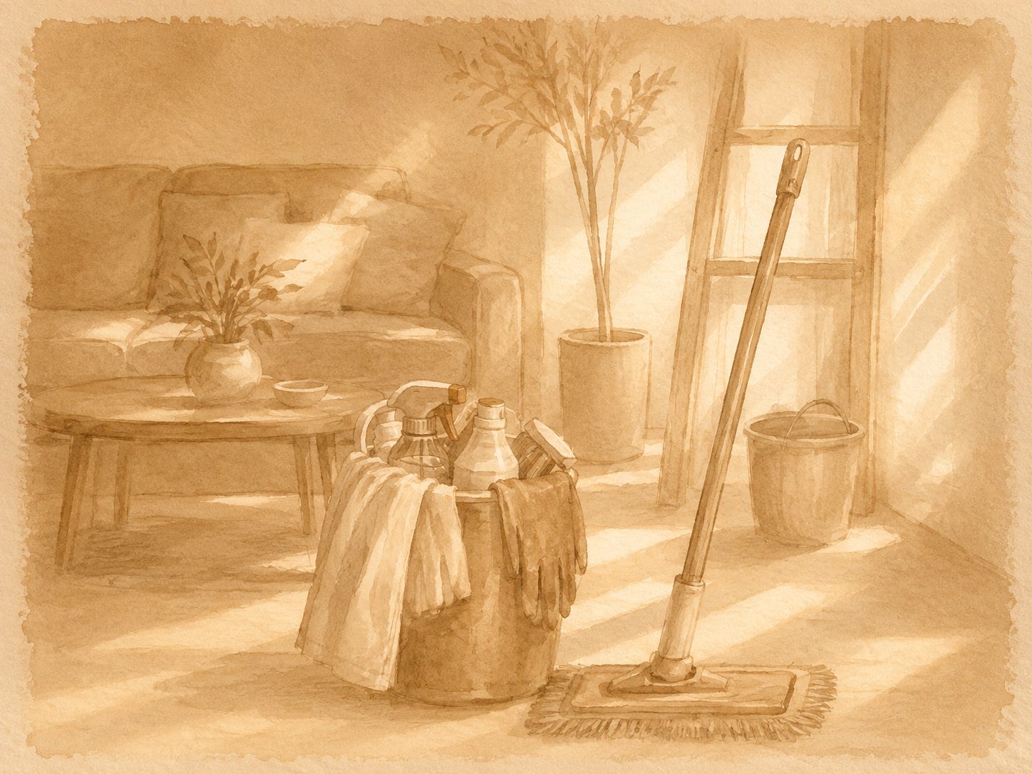 Watercolour illustration of a freshly cleaned and organised living room