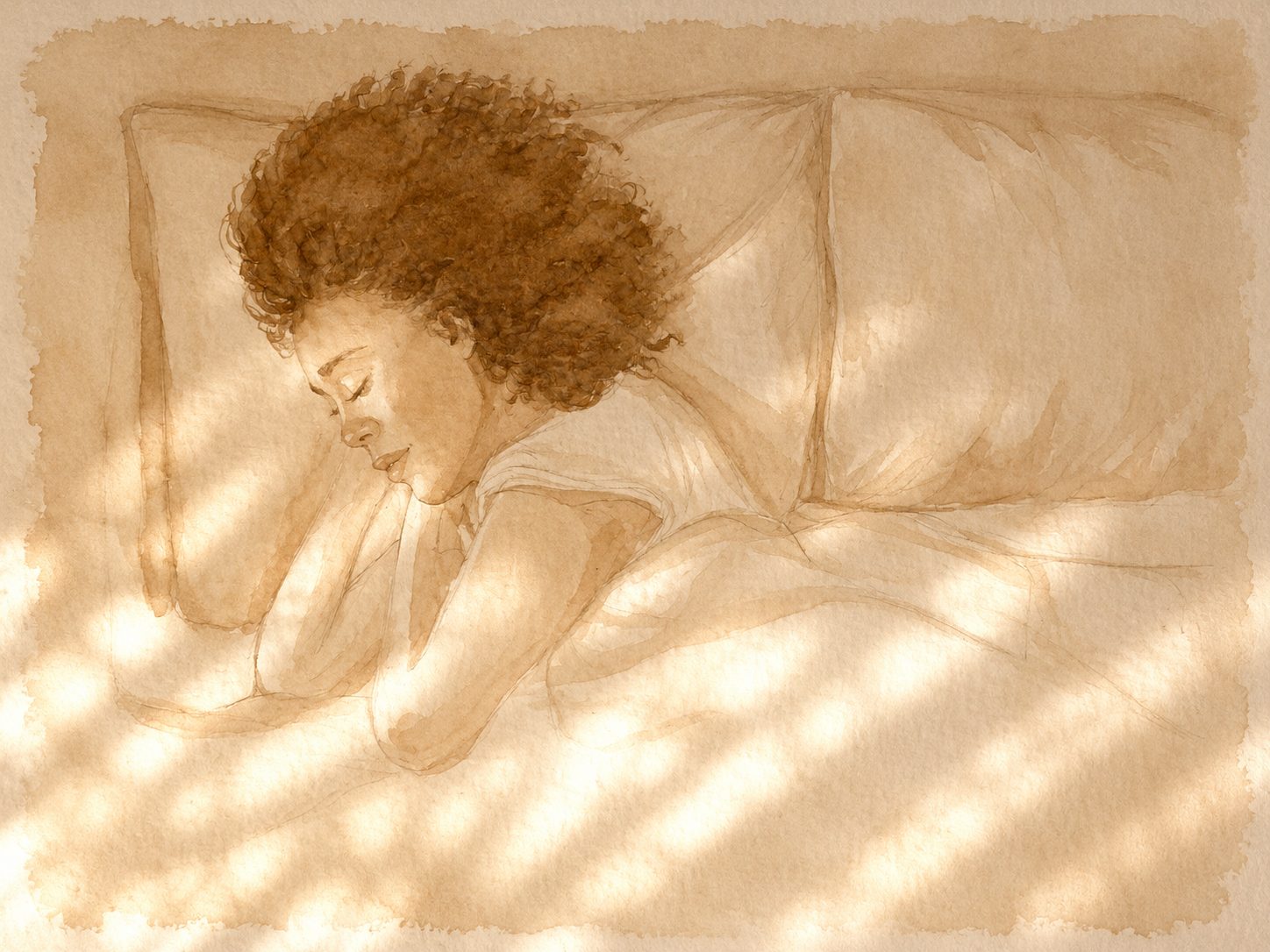 Watercolour illustration of a mother sleeping peacefully at night