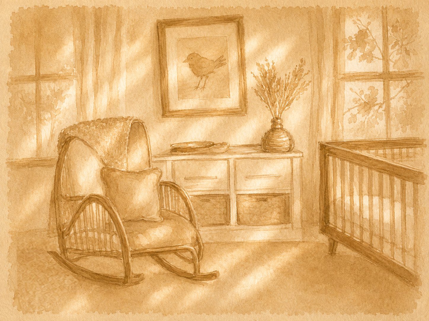 Watercolour illustration of a prepared nursery with a rocking chair and crib