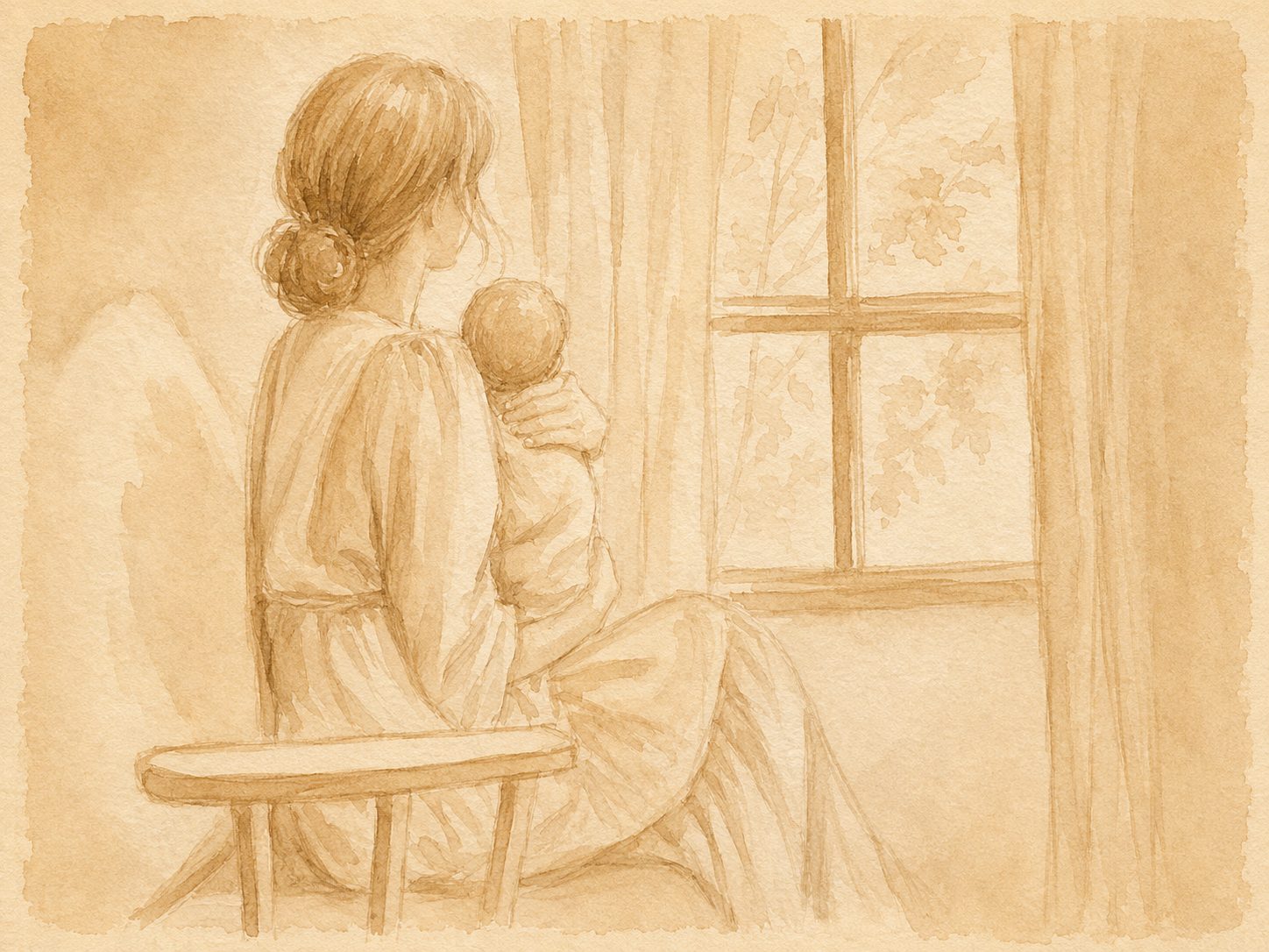 Watercolour illustration of a mother holding her baby beside a bright window